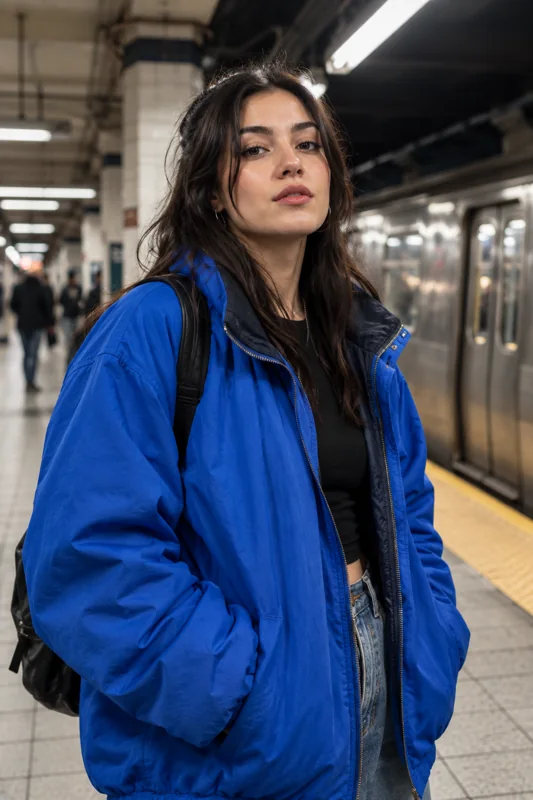 Fictional fashion creator wearing a blue jacket.