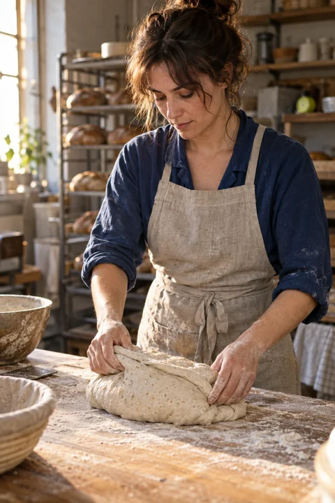 Illustrative hands folding bread dough.