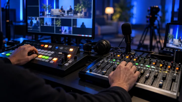 Broadcast production controls and camera.
