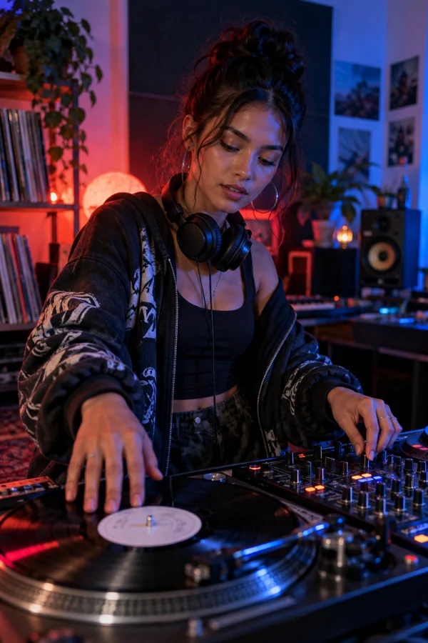 Fictional music creator mixing records in red and blue studio light.