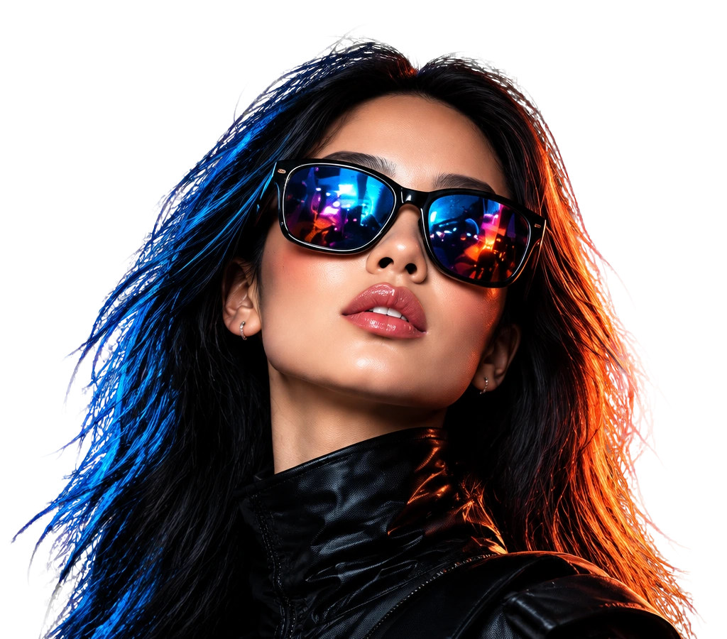 Fictional creator wearing reflective statement sunglasses